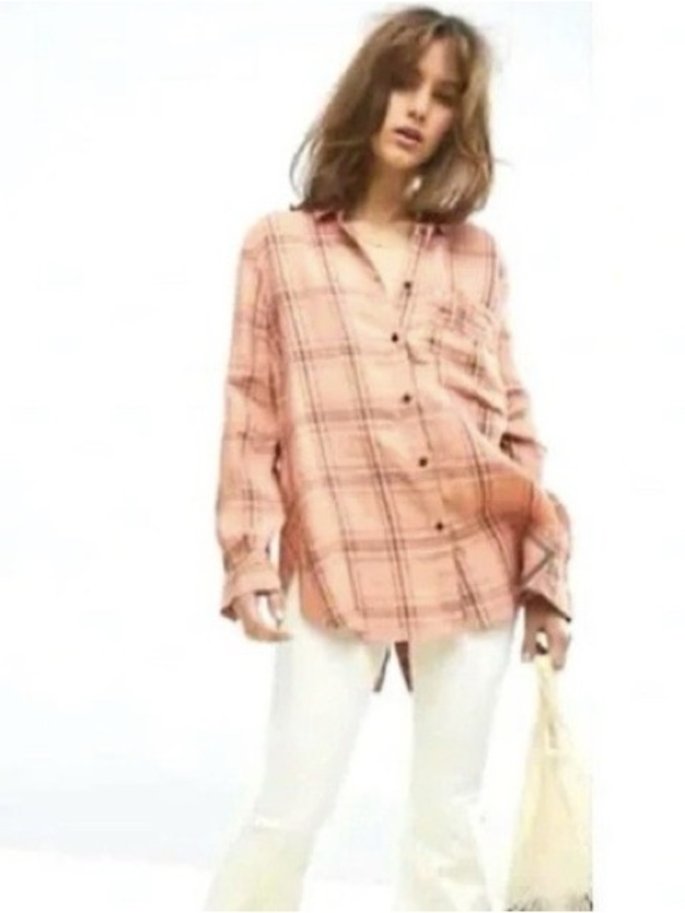 Free People No Limits 100% Linen Plaid Button Down Long Sleeve Shirt